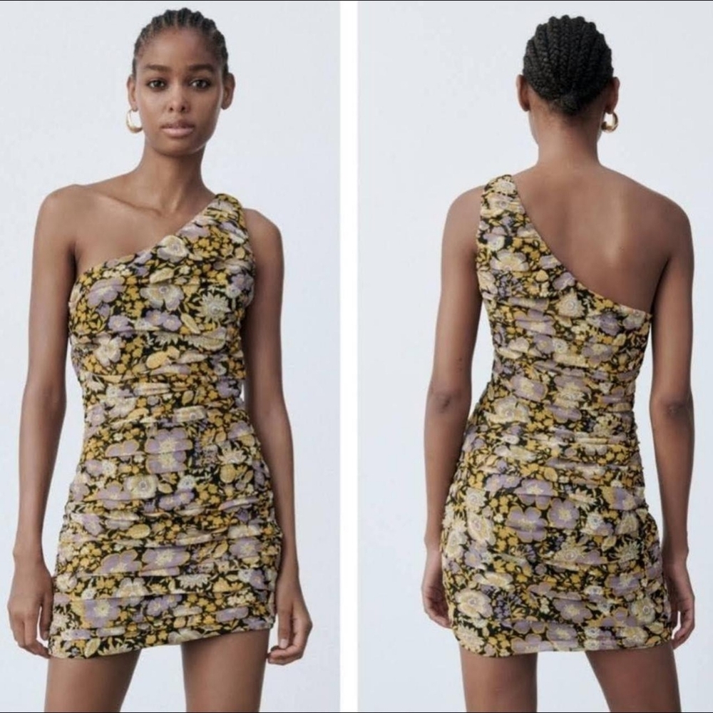 Zara One Shoulder Dress - Blk/Yellow Purple Floral with side zip NWOT Size Small